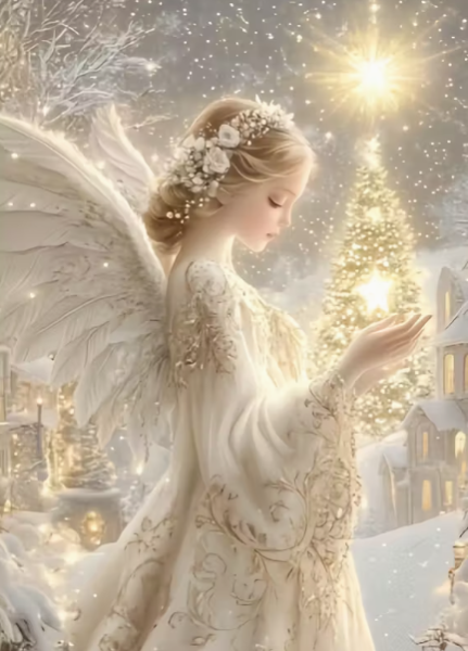 Diamond Painting Engel im Schnee mit goldenen